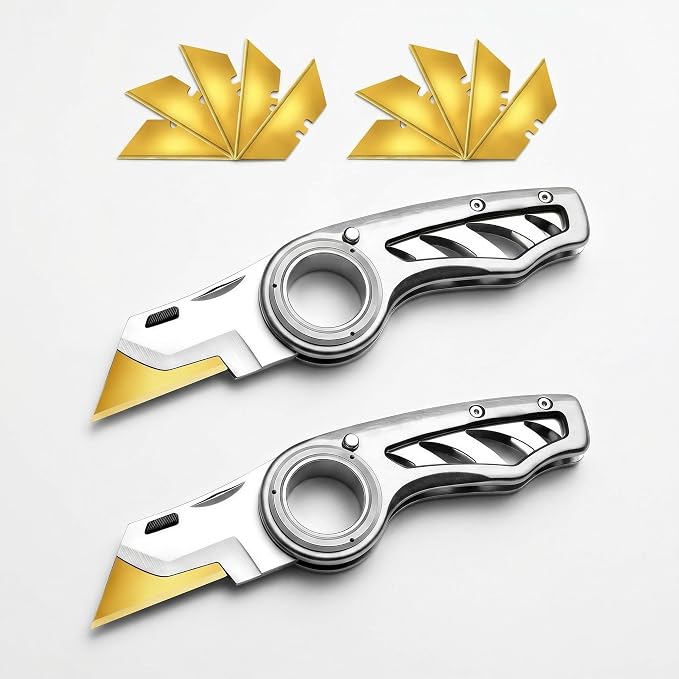 2 Pack Heavy Duty Box Cutter Pocket Folding Utility Knife with Safety Finger Loop & 10 Long-Lasting Gold Titanium Blades for Breaking Down Cardboard, for Home, Office, Warehouse (Gray)