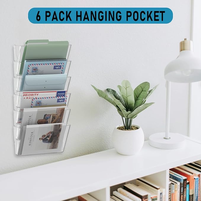 MINDEPOT 6 Pockets Acrylic Wall File Organizer Clear File Holder for Office | Single Wall File Organizer Save Space Sturdy Acrylic Material