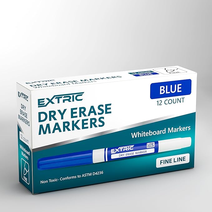 EXTRIC Blue Dry Erase Markers Fine Tip 12 PK Whiteboard Markers | Use: School, Classrooms, Offices, Color: Vivid Blue Ink, Tip Style: Fine Tip, Feature: Low-Odor and Non-Toxic