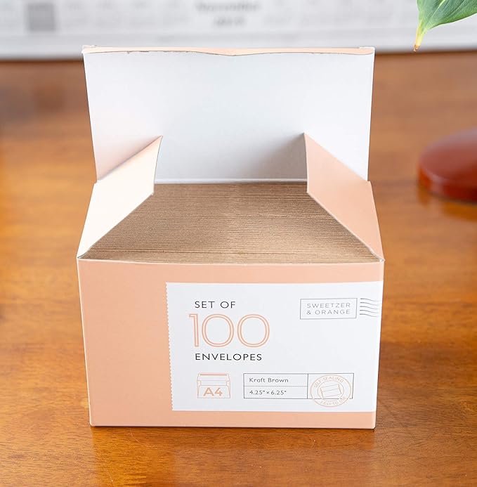 Sweetzer & Orange A4 Brown Self Seal Envelopes, 100 Pack, 4x6 Inches (4.25 x 6.25 in.), Kraft 150gsm, Blank Envelopes for Invitations, Wedding, and Mailing