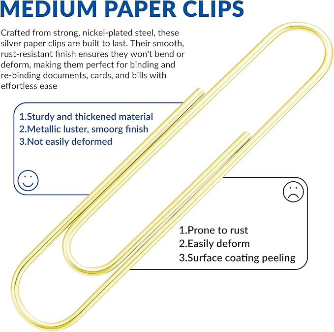 FUDAO FAMILY Medium Paper Clips, 200-Count, Paperclips, Gold Paper Clips, 1.3 Inch (32mm) Paper Clip