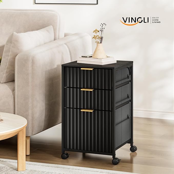 VINGLI 3 Drawer Fluted File Cabinet, Rolling File Cabinet Mobile Under Desk File Cabinet with Wheels, Fabric Drawers Printer Stand for Home Office, Fits Letter Size, Black