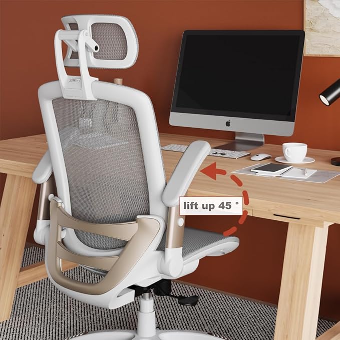Ergonomic Office Chair, High Back Home Desk Chair with Headrest, Flip-Up Arms, 90-120° Tilt Lock and Wide Cushion, Big and Tall Mesh Chairs for Man Woman, White Task Chair