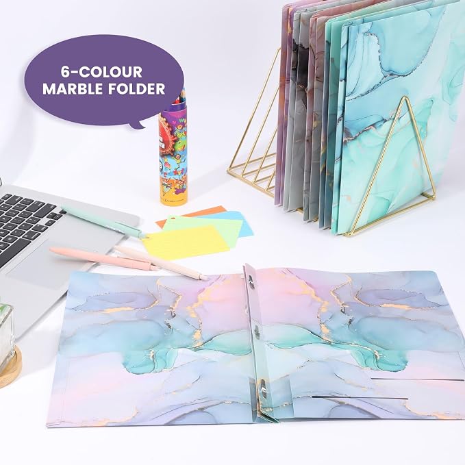 Ddaowanx Folders with 2 Pockets and 3 Prongs,12Pcs Cute Marble Style Folder | Heavy Duty Plastic Pocket Folders for Documents,Tear-Resistant Aesthetic File Folder,Back to School Supplies