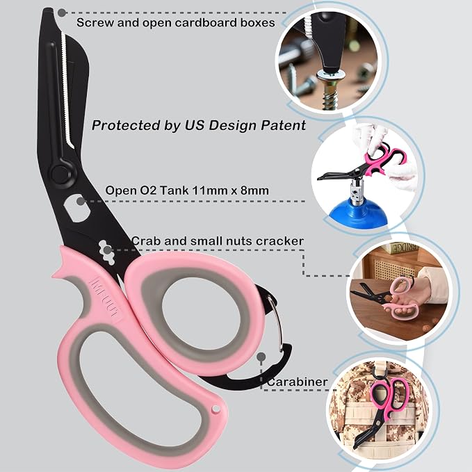 MEUUT All Purpose Scissors 2 Packs with Carabiner for Kitchen Outdoor | 7.5-inch heavy duty all purpose, Ambidextrous, micro-serrated stainless steel blades, integrated O2 wrench, soft rubber grip