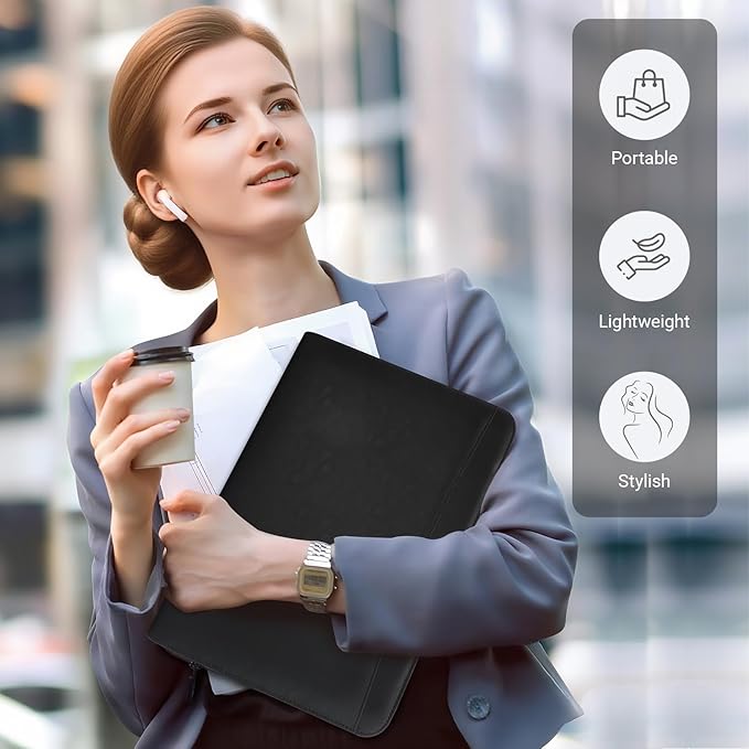 Faux Leather Zippered Padfolio with 3 Ring Binder, Executive Portfolio Organizer Binder, Fits 13.9" Laptop/Tablet, Refillable Writing Pad Pocket, Black