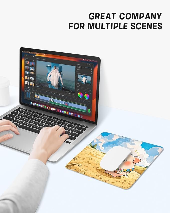 Mouse Pad, Cute Mouse Mat, 10" x 8", Flower Piggy | Square Waterproof Gaming Computer Mat, Textured Top, Stitched Edges, Non-Slip Rubber Base for Office Home Laptop Keyboard