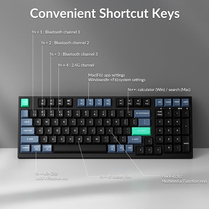 Keychron B35 Wireless Keyboard, 2.4 GHz/Bluetooth 96% Layout Keyboard with Numeric Keypad Silent Typing Launcher Support Ergonomic Angle Compatible with Mac Windows Linux
