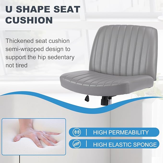 OLIXIS Criss Cross Chair, Vanity Chair, Home Office Desk | Armless No Wheels Wide Seat, Height Adjustable Swivel, Faux Leather, Bedroom Student Study, Grey Dual Base