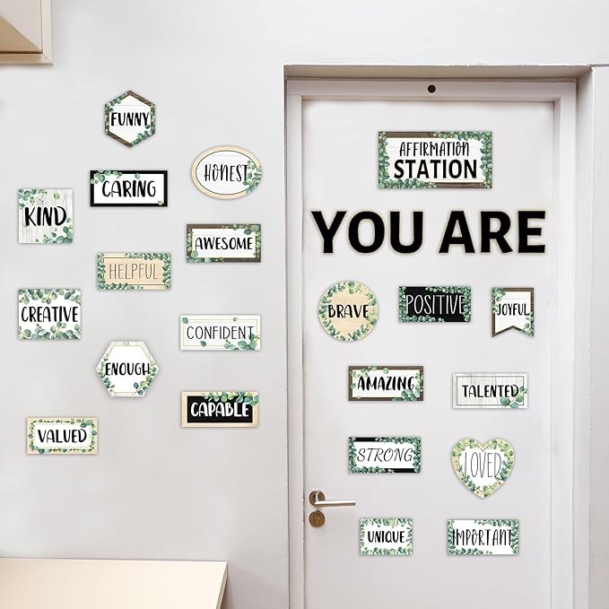 Eucalyptus Affirmation Station Bulletin Board Classroom Decorations Set Boho Greenery Growth Mindset Inspirational Bulletin Board Poster Positive Affirmations Accents Cutout for Teachers Wall Mirror