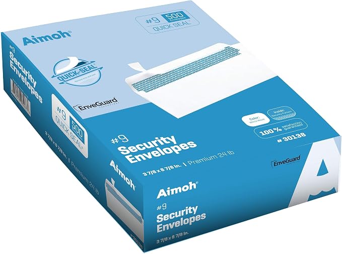 Aimoh #9 Mailing Envelopes Letter Size, Security Self-Seal, 500 Count | Premium security tint, No window, 3-7/8 x 8-7/8 in, White, 24 lb paper, Quick-seal closure, 500 pack (30138)