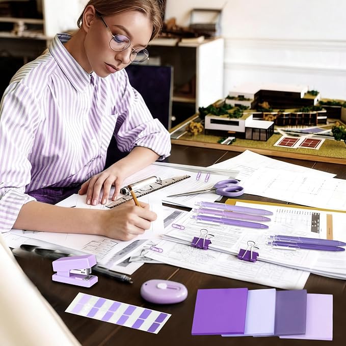 Mini Purple Office Supplies Kit Purple School Supplies Christmas Gift Desk Accessories with Gel Pens Sticky Notes Stapler Scissor Paper Clips Index Tabs Box Cutter for Christmas Gifts Office