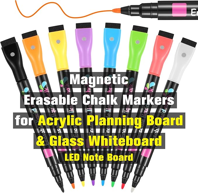 Magnetic Liquid Chalk Markers Wet Erase Markers for Acrylic Calendar Planning Board LED Note Board Clear Glass Whiteboard Window/Mirror Easter Holidays Paintings, 8 Vibrant Colors, 1mm Fine Tip