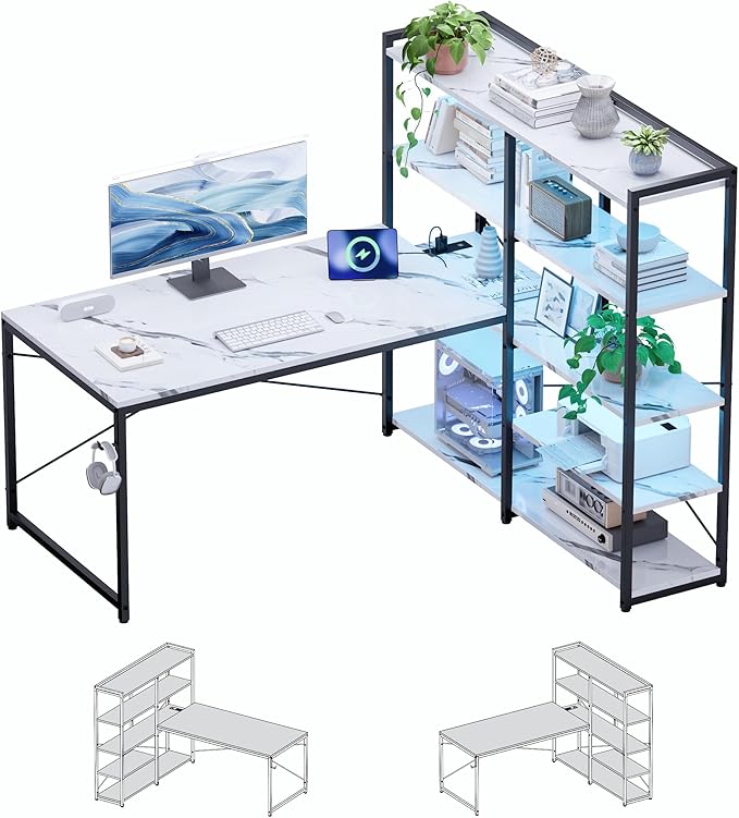 Pamray L Shaped Computer Desk with Reversible Side Storage Shelves, 49 Inch Gaming Desk with Power Outlets and Led Lights, PC Table for Home Office and Bedroom Marble