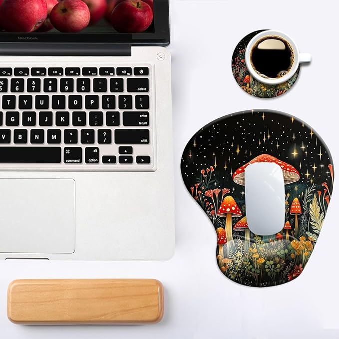Ergonomic Mouse Pad with Wrist Support,Mouse Pad with Wrist Rest and Coaster Set,Office Supplies Non-Slip Mouse Pads for Desk, Non-Slip Comfortable,Mushroom Star