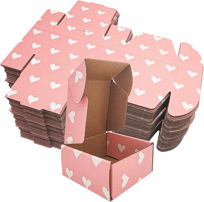 25 Pack Baby Pink Hearts Shipping Boxes, 4 x 4 x 2 inch Recyclable Kraft Corrugated Cardboard Boxes Literature Mailer for Mailing Packing for Mother's Day Small Business Shipping