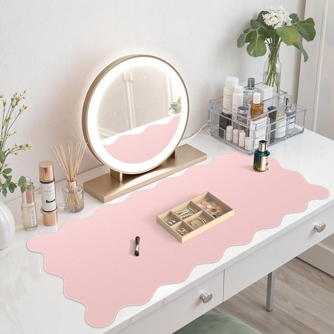 iCasso Pink Scalloped Table Mat, 35.4"x15.7" Desk Pad for Workspace | Scalloped Mousepad Featuring Stitched Edges and Non-Slip Base, Charming Floral Desk Pad for Teacher Cubicle Workspace