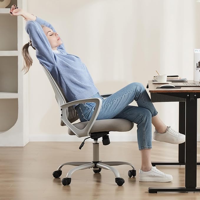 OLIXIS Home Office Chair, Mesh Desk Chair, Ergonomic Lumbar Support | Mid Back Computer Ergonomic, Height Adjustable Swivel Task, Large Seat Armrest, Adults, Grey