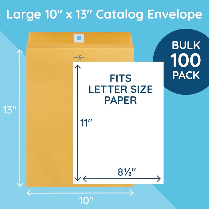 Blue Summit Supplies 100 10" x 13" Kraft Clasp Envelopes, Gummed Seal | 28lb brown kraft, clasp and gummed, reusable, for mailing catalogs, magazines, documents, large papers