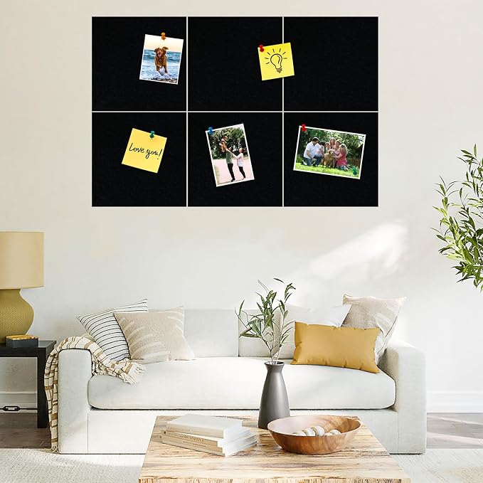 Square Felt Cork Bulletin Board Tiles, Self Adhesive DIY Felt Pin Board for Wall 30" x 20" with 35 Pushpins for Office School Home Wall Decor Stickers Memos Photos Display (Black)