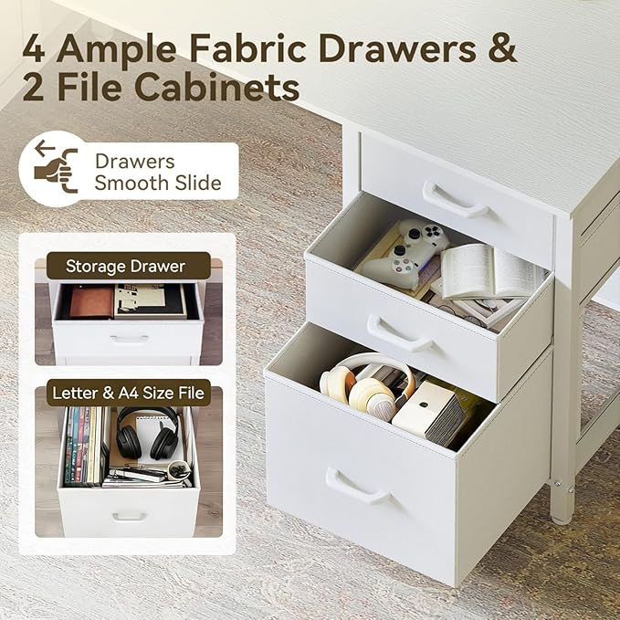 Casaottima 63 Inches Computer Desk with 6 Fabric Drawers, Modern Office Desk with Large Storage for Home Office, Study, White
