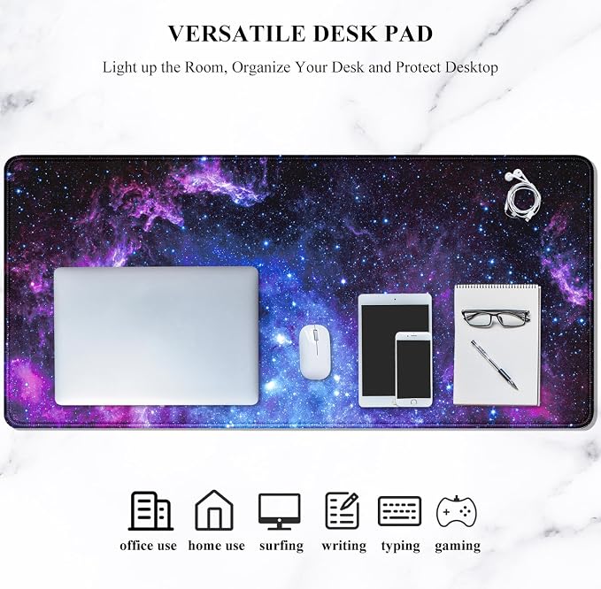 Auhoahsil Large Gaming Mouse Pad, Galaxy Theme XXL 35.4 x 15.7 in Desk Pad Stitched Non-Slip Rubber Long Computer Mousepad Thin Extended Full Size Desk Mat for Desktop, Laptop, Wireless Mice, Purple
