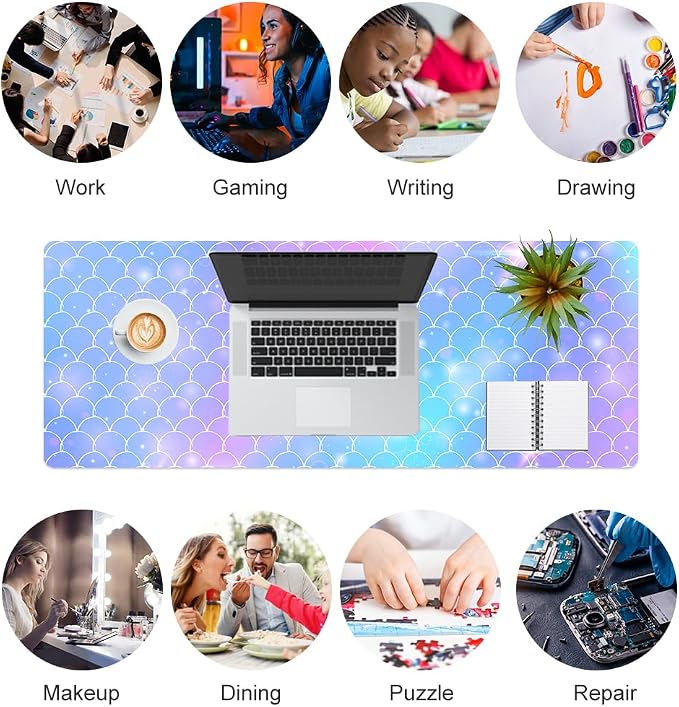 QiyI PU Leather Large Mouse Pad, 31.5" x 11.8", Gradient Fish Scales | Desk Décor Accessories, Extended Size, Waterproof & Easy to Clean, Smooth Surface, Non Slip Desk Organization