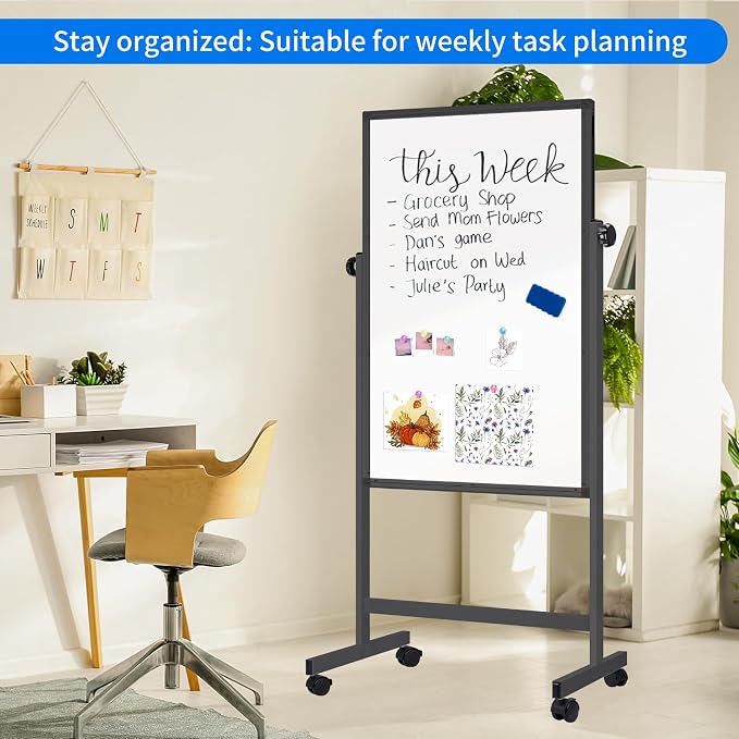 Maxtek Rolling White Board 48 x 32in,Height Adjustable Whiteboard on Wheels | Mobile Easel Large Magnetic Portable Double-Sided Dry Erase Board with Stand for Classroom, Home, School, and Teachers(Black)
