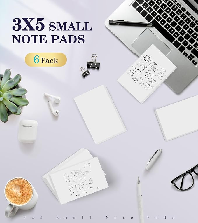 Notepads 3x5, 6 Pack Small Note Pads, Server Note Pad, Scratch Pads 3x5 | Memo Pads White Paper, 50 Sheets per Blank Note pads 3x5, Small Writing Pads Pocket Notepads for Office School Home Supplies