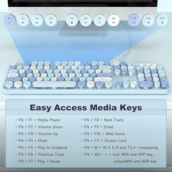 Computer Keyboard Wired, Plug and Play USB Retro Round Typewriter Keyboard, Full Size Wired Keyboard with Foldable Stands for Laptop and Office PC