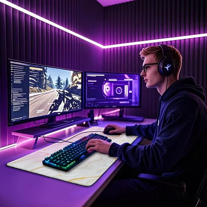 Large Mouse Pad Gaming Desk Mat 31.5"x15.7" Non Slip Gold Marble | Extended Mousepad, Non-Slip Rubber Base , Stitched Edges, for Computer/Laptop/Office/Home