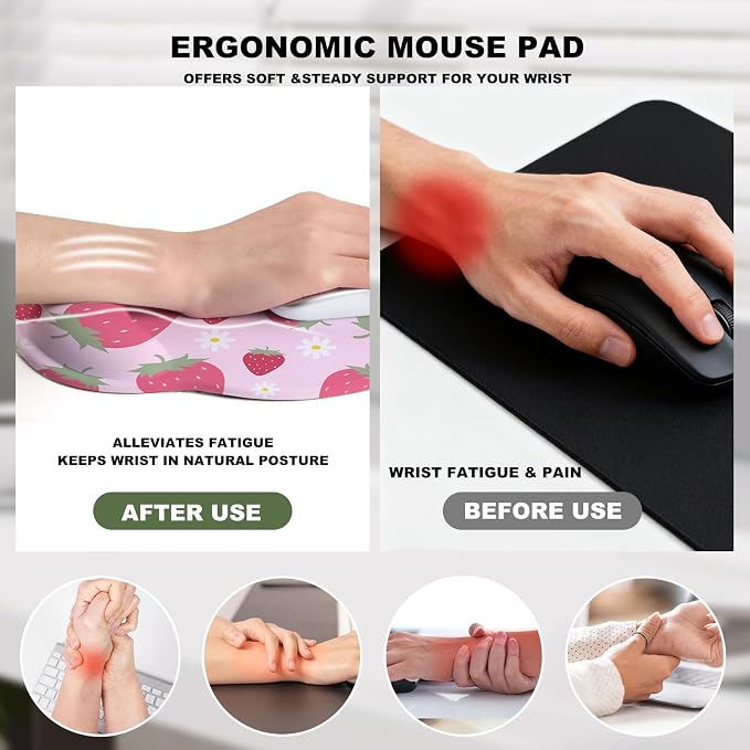 Cute Strawberry Mouse Pad with Gel Wrist Support, Smooth Surface Ergonomic Mouse pad, Non-Slip Pain Relief Desk Mat for Gaming, Work & Office Desktop