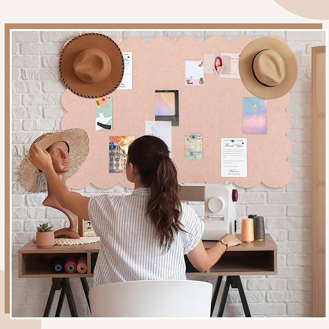 Mooliwe Scalloped Felt Bulletin Cork Board Foldable Flesh Pink 36 * 24 Inch | 3' x 2' Trifold, Self Adhesive, Picture Vision Board, Cork Alternative for Wall, Pin Bulletin Decorative for Office Bedroom