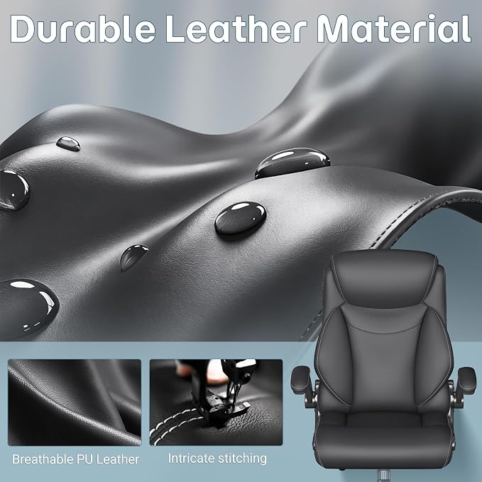 Ergonomic Office Chair, Big and Tall Office Chair, Executive Chair- Padded Leather Comfy Chair with Adjustable Lumbar Support & Flip-Up Arms, Rocking Swivel Chair for Home Office,Black