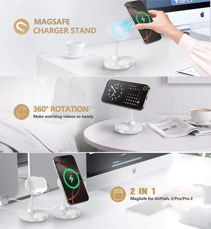 TXXTOL Magnetic Wireless Charger iPhone Stand, 15W Fast Mag-Safe Charger iPhone 17/17 Air/17 Pro/17 Pro Max 16/15/14/13/12 Series Magnet Wireless Charging Station/Pad/AirPods for Home, Office, Travel