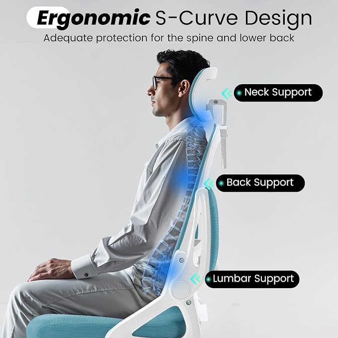Fizzin Office Chair Mesh Computer Chairs with Adjustable Lumbar Support | Ergonomic Office Chair, Home Office Desk Chairs with Thickened Cushion and Headrest, Comfy Gaming Chair (Lake Blue)