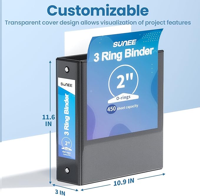 SUNEE 2 Inch Binders 3 Ring 12 Pack Bulk, PVC-Free Clear View 2" Binders (Fits 8.5x11 Inches) for School, Office & Home Use, Black