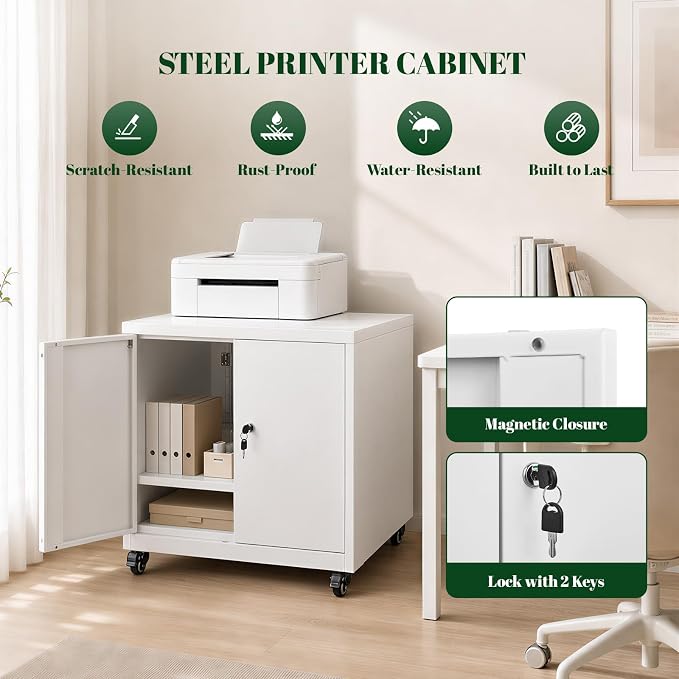 23.6"H Locking Printer Cabinet with Storage & Adjustable Shelf | Large Metal Rolling Printer Stand, Steel Printer Cart for Home Office, Workspace Organization & Office Supplies, Black