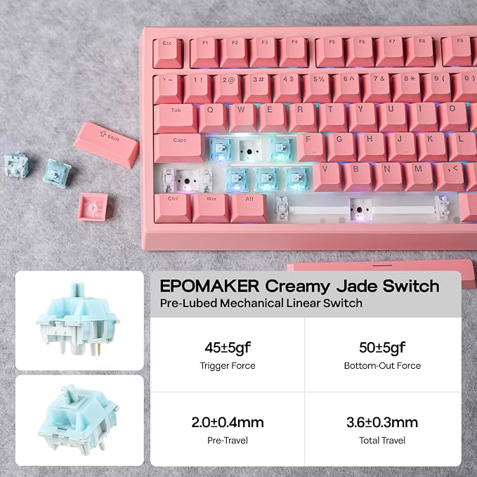 EPOMAKER G84 80% RGB Gaming Mechanical Keyboard with Shine Through Keycaps | 2.4GHz/ Type-C/BT Wireless Keyboard, VIA Programmable, Hot-Swap, Creamy Keyboard for Gamers/Office (Pink, Creamy Jade Switch)