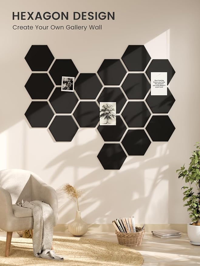 Fluxynara 12-Pack Hexagon Felt Bulletin Board Tiles, Black | Cork Board Alternative with 60 Adhesive Tabs for Notes, Photos and Reminders in Home Offices, Dorm and Classrooms