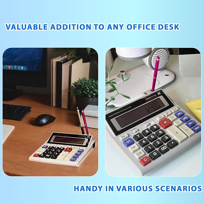 Lily's Home 12-Digit Large Desktop Calculator with Pen Holder, Dual Power (Solar & Battery) - Big Button 5 Inch LCD Display for Office, School, Home, Accounting, Taxes, and Back to School Supplies