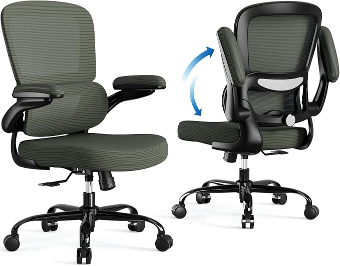 TRALT Ergonomic Office Chair Desk Chair with Adjustable Lumbar Support | Desk Chair Comfy with Flip-up Armrests Ergonomic Chair - Mesh Computer Chairs for Adults, 330lbs, PU Leather (Dark Green, 1)