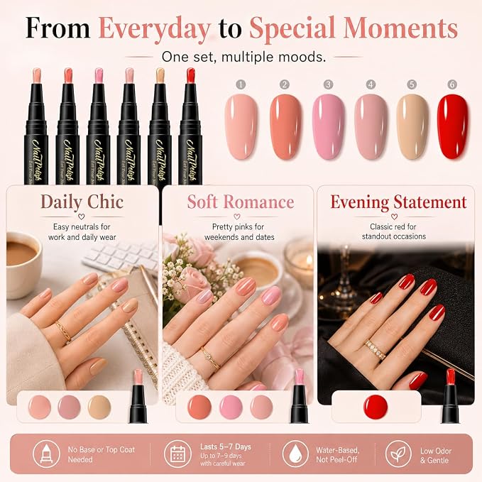 Nail Polish Pens 6 Colors, Quick Dry Water Based Nail Polish Set | Nail Polish Pens Quick Dry No UV Light Needed, Fast 60s Drying for Travel Office & Date, Basic Tones, 6 Pc