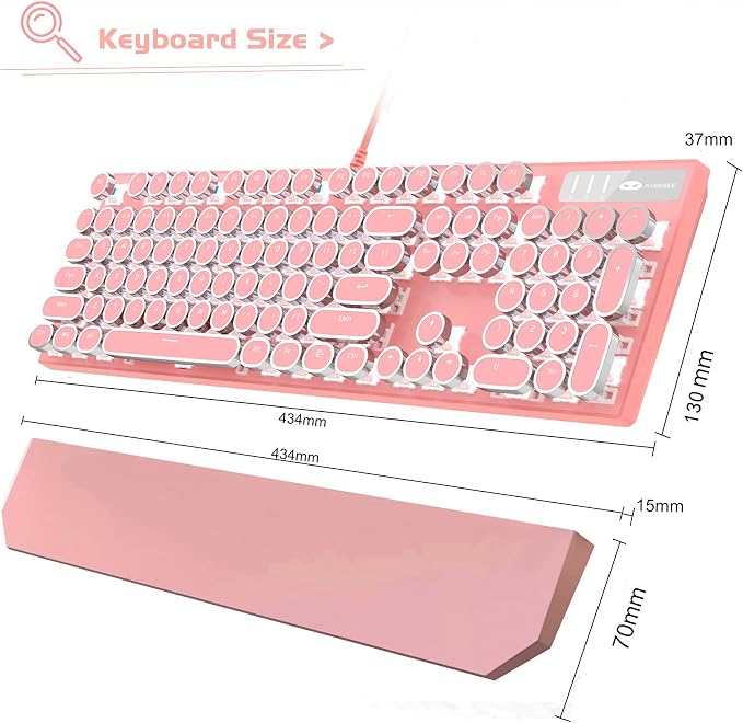 MageGee Typewriter Mechanical Gaming Keyboard, Retro Punk Pink Round Keycaps, 104 Keys LED White Backlit Wired Keyboards for Laptop MAC PC Gamer, with Magnetic Wrist Rest, Blue Switch