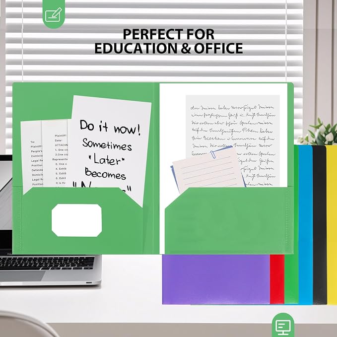 Plastic Folders with Pockets, 2 Pocket, Letter Size | 8.5x11 Paper, Business Card Slot, Black to School Supplies, For Kids / Students / Teachers, Office Organization