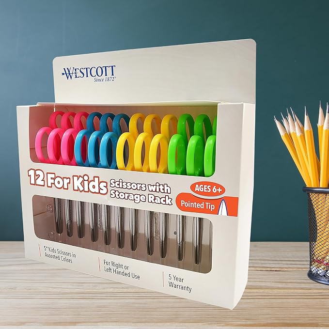 Westcott Right & Left-Handed Scissors For Kids - Back to School Essentials, Classroom Must Haves, Art Supplies - 5-Inch Pointed Safety Scissors - Assorted Colors (ACM13141) (Pack of 36)