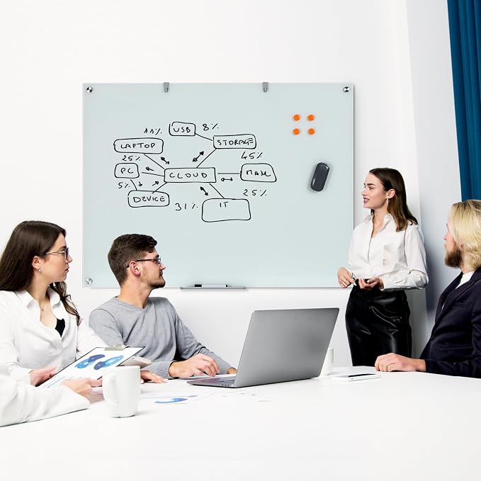 Wingwise Glass Dry Erase Board, 48 x 36 Inches Magnetic Glass Whiteboard | Frameless Glass Board, Wall Mount, 4' x 3', Frameless, For Office, Home, School