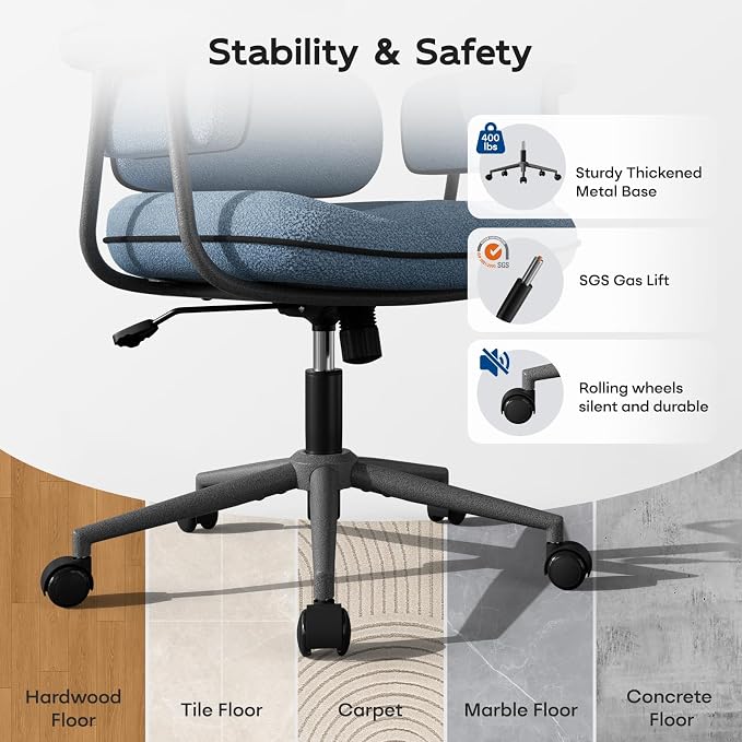 Blue Office Chair, Memory Foam Seat Mid Century Modern Desk Chair | 3.9" Sloped U-Shaped Memory Foam Cushion, Granular Linen Fabric, Lumbar Support, 1.2mm Sturdy Metal Tube, 400LBS Capacity