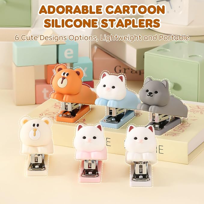 Honagu Mini Cute Animal Stapler with Staples, Cartoon Stereoscopic Silicone (PVC) Stapler for Kids, Labor-Saving Office Supplies for Students, Teachers, 1st Day of School Gifts for Kids(Gray Puppy)