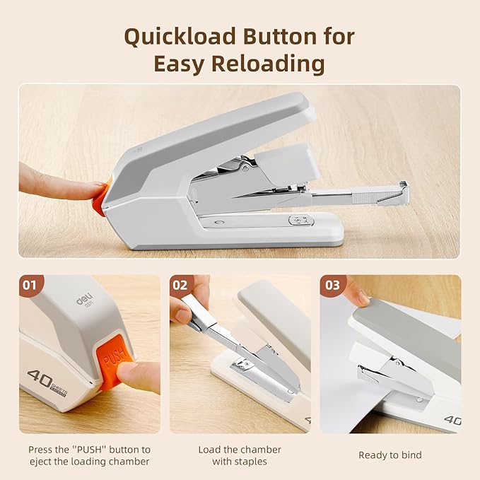 Deli Effortless Desktop Stapler, Heavy Duty Stapler, White | 40-50 Sheet Capacity, One Finger, No Effort, Includes 1500 Staples & Staple Remover